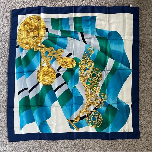 Celine Accessories - Celine Navy, Teal & Gold Silk Square Scarf
